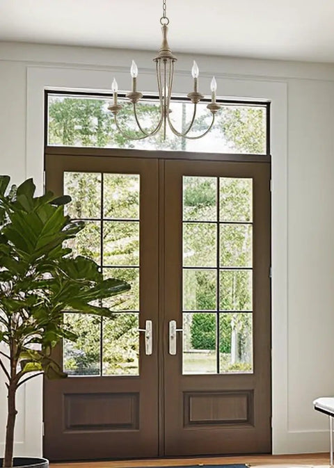 5-Light French Country Chandelier With Adjustable Height in smoked cedar and rustic metal finish hanging in an entryway.