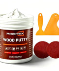 Premium White Wood Filler Putty For Furniture Repair Stainable Paintable Water Resistant Quick Dry Formula with tools and pads.