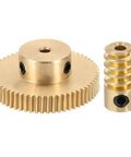 Brass Worm Gear Set 60T 0.5 Module 60 To 1 Reduction Right Rotation Drive Gear Box Wheel Transmission Part With Brass Gear 3mm Bore And Brass Rod 2mm Bore Heavy Duty Precision Gear Assembly shown with gear and worm