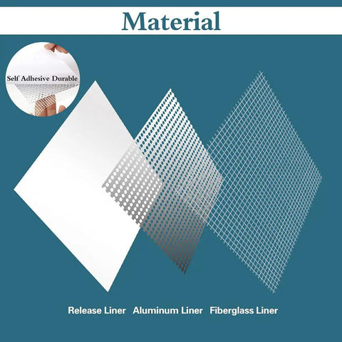 Exploded view of All In One Wall Repair Patch Kit with self-adhesive aluminum mesh showing release liner, aluminum liner, and fiberglass liner.