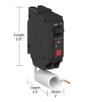 Built Tough 20 Amp Single Pole GFCI Circuit Breaker With Plug On Pigtail Wire, dimensions 3.31" height, 2.5" depth, 1" width.
