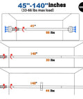 Heavy Duty Tension Curtain Rod 48 To 140 Inch No Drilling Easy Install Extra Long Shower Rod For Closet Bathroom Windows Black Steel Fits Heavy Blackout Curtains And Lightweight Drapes diagram showing adjustable sizes and load limits.