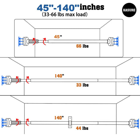 Heavy Duty Tension Curtain Rod 48 To 140 Inch No Drilling Easy Install Extra Long Shower Rod For Closet Bathroom Windows Black Steel Fits Heavy Blackout Curtains And Lightweight Drapes diagram showing adjustable sizes and load limits.