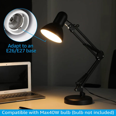 Metal Desk Lamp With Clamp And Swing Arm, Architect Styled Gooseneck Task Light for Home Office, E26 Base, Black, on a desk at night