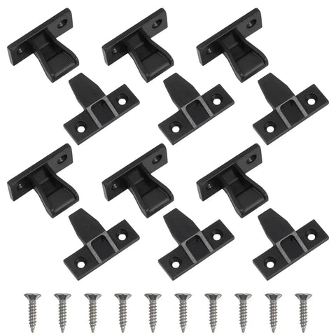 No Sweat Quick Install Furniture Panel Connectors For Cabinets And Wardrobes With Easy Push On Hardware and Rock Solid Right Angle Corner Braces In A 10 Pack Bundle, ten black nylon corner clips with screws.