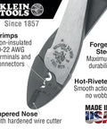 Made In USA Pro Grade Heavy Duty Cutting And Crimping Tool For Non Insulated 10 To 22 AWG Solderless Terminals And Connectors With Tapered Nose, Built In Wire Cutter, Cushioned Plastic Handles, And Forged Steel Durability close-up
