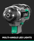 Close-up of 20V Cordless Impact Driver With One Quarter Inch Hex Quick Release Chuck, 1150 Inch Pounds Torque, LED lights.
