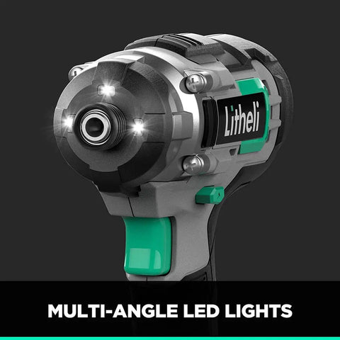 Close-up of 20V Cordless Impact Driver With One Quarter Inch Hex Quick Release Chuck, 1150 Inch Pounds Torque, LED lights.