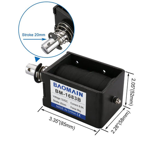 Beefy 24V DC Linear Actuator Solenoid With 80N Push Force, 20mm Stroke Open Frame Electromagnet For Precise Motion Control And Intermittent Use In Industrial Automation Robotics And DIY Projects BM 1683B, black 85x58x52mm