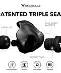 Patented custom molded reusable earplugs for noise reduction 25 decibel level, black, showing canal tip, earpiece, and sound plug