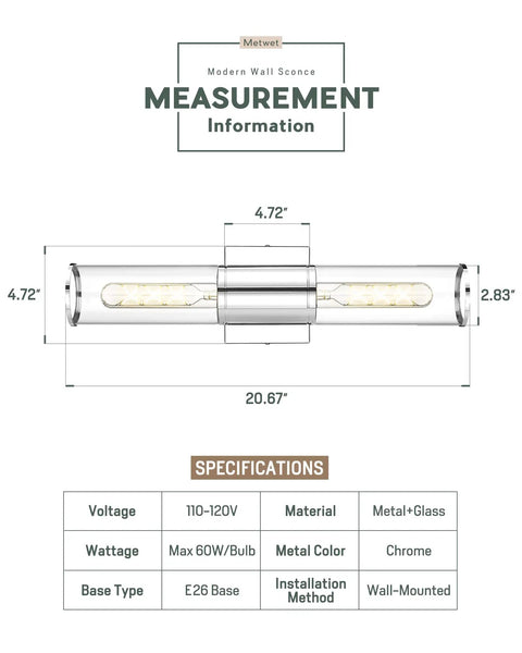Chrome Bathroom Vanity Light Fixtures With Clear Glass Sconces Two Light Chic Modern Up And Down Wall Mount Lamp dimensions and specs