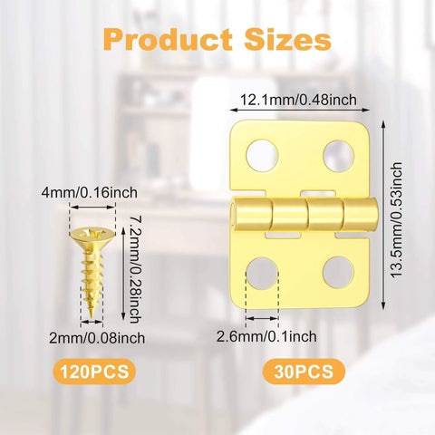 Detailed view of Thirty Pieces Small Brass Hinges For Crafts with 120 Screws and Nails, 13 x 12 mm size, for DIY projects.