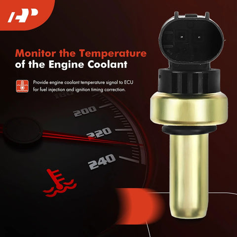 Side view: A-Premium coolant temperature sensor with black plastic connector and brass housing