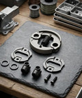Complete Clutch Kit Set For Full Clutch Replacement With Precision Metal Construction Direct Fit For FS110 And FS130 Models Power Transfer Plug And Play Ready Components For Easy Installation And Lasting Performance. Metal clutch kit parts laid out on a workbench.