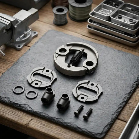 Complete Clutch Kit Set For Full Clutch Replacement With Precision Metal Construction Direct Fit For FS110 And FS130 Models Power Transfer Plug And Play Ready Components For Easy Installation And Lasting Performance. Metal clutch kit parts laid out on a workbench.