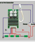 Rock Solid 10S 30A BMS Protection Board For 36V Lithium 18650 Cells with detailed port-to-port wiring diagram.