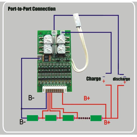 Rock Solid 10S 30A BMS Protection Board For 36V Lithium 18650 Cells with detailed port-to-port wiring diagram.