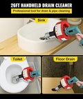 Heavy Duty Electric Drain Auger Sewer Snake With 26 Foot Spring Steel Cable For Kicking Gunky Clogs In Toilet Sink And Tub 700 Watt Motor shown cleaning sink, toilet, floor drain.