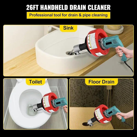 Heavy Duty Electric Drain Auger Sewer Snake With 26 Foot Spring Steel Cable For Kicking Gunky Clogs In Toilet Sink And Tub 700 Watt Motor shown cleaning sink, toilet, floor drain.
