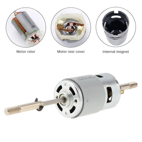 RS775 DC Motor 12V 3000 RPM Dual Output Long Shaft with rotor, rear cover, and internal magnet components