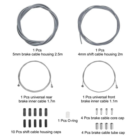 Universal All In One Bicycle Brake And Shifter Cable Housing Kit 5mm Diameter includes cables, housing, caps, and O-ring
