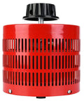 Top Shelf Single Phase Voltage Regulator Transformer With Smooth 0 To 130 Volt Adjustment And 20 Amp Capacity For Reliable 110V 60Hz Power Delivery and Built Tough Heavy Duty Performance For Home Projects Or Garage Workshops Using US Standard Plug - Red metal casing with ventilation holes.