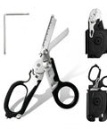 Six In One Folding Trauma Shears For EMTs And First Responders Pocket Size Rescue Scissors With Seatbelt Cutter Oxygen Wrench Window Breaker Tweezers And Ring Cutter Rustproof Stainless Steel Black, folded and open