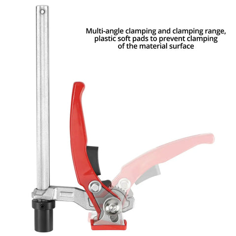 Built To Last Clamping Element 20mm Diameter For Multifunctional Tables, 160mm Clamping Range, 60mm Throat Depth, Chrome Plated Steel, Anti Pinch Soft Pads, Multi Angle Locking, Ratchet Arm For Fast Secure Hold, side view