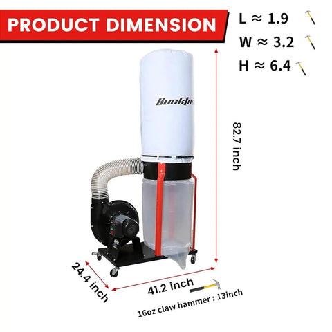 Heavy Duty One Point Five HP Woodshop Dust Collector Generating Ridiculous 1100 Cfm Airflow dimensions with hose and clear catch bag.