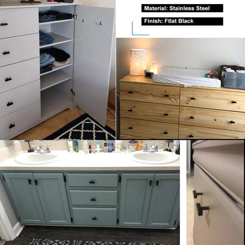 50 Pack Black Cabinet Pulls 3 Inch Center to Center T Pull Drawer Handles With Easy Install in kitchen and bathroom settings