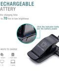 Close-up of Dual Heads Rechargeable Clip On Book Light showing charging port and battery indicator button next to text details.
