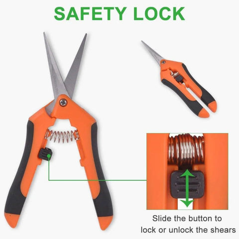 Ultra Sharp Pruning Shears For Gardening With Spring Loaded Mechanism Stainless Steel Precision Blades Six Point Five Inch Workhorse Garden Clippers For Bonsai And Precise Cuts Ergonomic Comfort Grip showing safety lock