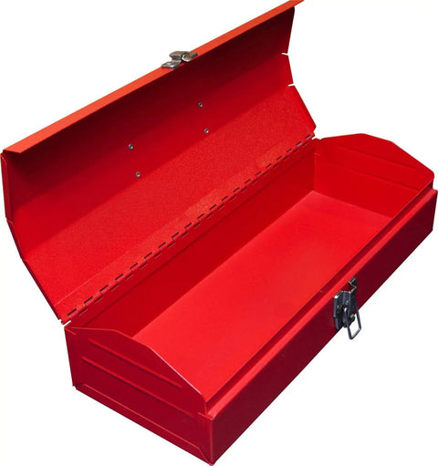 Open red ATB213 Torin 16 Inch Hip Roof Style Portable Steel Tool Box with Metal Latch Closure, showing interior storage space