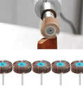 Top Quality 10 Piece Aluminum Oxide Flap Wheel Set For Drill With Metal Shank Sander showing five wheels for wood refinishing.