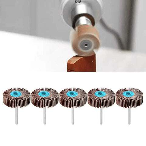 Top Quality 10 Piece Aluminum Oxide Flap Wheel Set For Drill With Metal Shank Sander showing five wheels for wood refinishing.