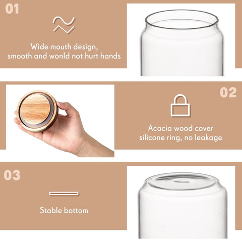 Wide mouth design and acacia wood lid of 24 Pack Glass Canister Set With Tight Wood Lids For A No Sweat Pantry Setup.