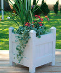 Maintenance Free Vinyl Outdoor Planter Box 16 Inch Square 19 Inch High With 2x2 Leg Supports And One Point Five By Four Rails Hardware Included Made In USA Stackable For Expanding Patio Garden Weather Resistant Construction For Year Round Outdoor Use, white vinyl planter on deck
