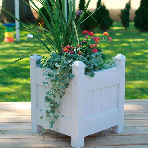 Maintenance Free Vinyl Outdoor Planter Box 16 Inch Square 19 Inch High With 2x2 Leg Supports And One Point Five By Four Rails Hardware Included Made In USA Stackable For Expanding Patio Garden Weather Resistant Construction For Year Round Outdoor Use, white vinyl planter on deck