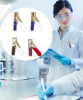 4 Piece Chemistry Beaker Brooch Set With Flask Design, Metal Alloy Scientist Lapel Pins For Lab Coats, displayed on a lab coat