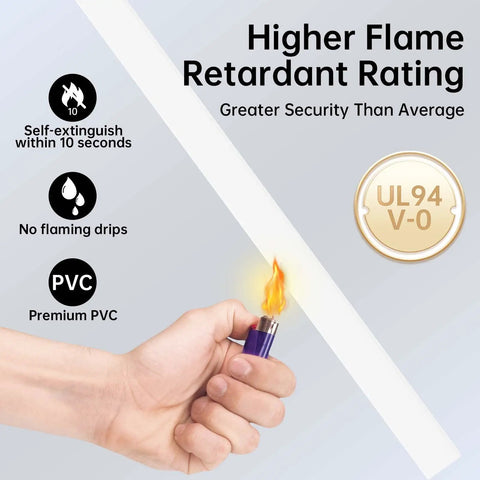 Higher flame retardant rating for One Cord Cable Hider Kit, 315 Inch Total Wall Cord Covers, demonstration of fire resistance.
