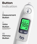 Infrared Ear Thermometer For Adults And Kids With Quick 1 Second Readings Backlit Display And 3 Color Fever Alarm Includes Storage Case For Safe Accurate Home Temperature Checks. Close-up of thermometer buttons and green display
