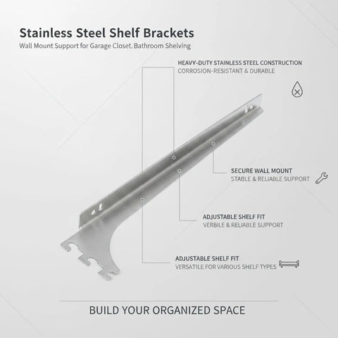 Rock Solid Sturdy Stainless Steel Wall Shelf Bracket Heavy Duty Mount for garage, closet, and pantry shelving, silver finish