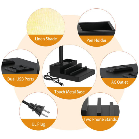 Features of Set Of 2 Bedside Lamps With 3 Way Dimmable Touch Control Built In USB Ports And An AC Outlet Nightstand Table Lamps For Bedroom And Living Room Includes Two Phone Stands And Pen Holder Bulbs Included, showcases linen shade, pen holder, dual USB ports, AC outlet, touch metal base, UL plug.