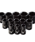 3 8 Inch Drive Shallow Impact Socket Set Metric Sizes 7mm To 19mm Cr V Steel 13 Piece Kit on display, black phosphate finish