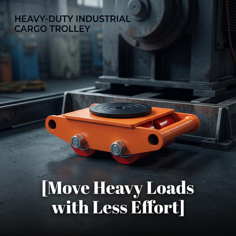 Shop Grade Industrial Machine Skates 4 Pack 6000 Kg Capacity 360 Degree Swivel Wheels, heavy-duty orange trolley for moving loads.