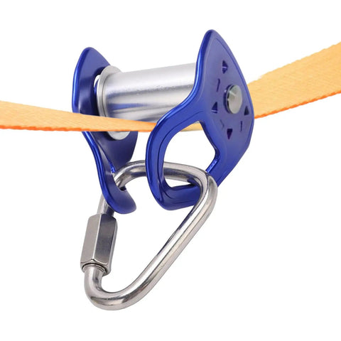 Heavy Duty Trolley Kit With Slackline Pulleys For Backyard Fun, showing a close-up of blue pulley system with orange strap and carabiner.