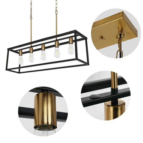 Dope Industrial Modern Farmhouse Kitchen Island Light Chandelier In Black And Brass 5-Light Rectangular Bar Pendant detail
