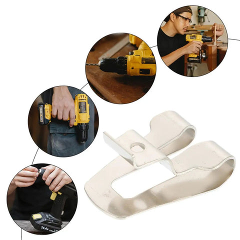 Heavy Duty Steel Belt Clip Hooks For Drill Drivers With Screws Rugged Tool Belt Clips For Secure On Site Tool Carry Rust Resistant Durable Replacement Clips That Stand Up To Tough Worksites. steel replacement clip hooks shown with drill driver use