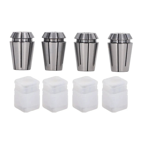 High Precision Spring Collet Set ERG20 With 4 Durable Pieces For CNC Engraving Milling And Lathe Tasks, featuring four steel collets and storage boxes.