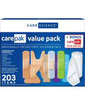 CarePak value pack box with 203 first-aid items, including sheer, waterproof and plastic bandages and a first-aid kit.